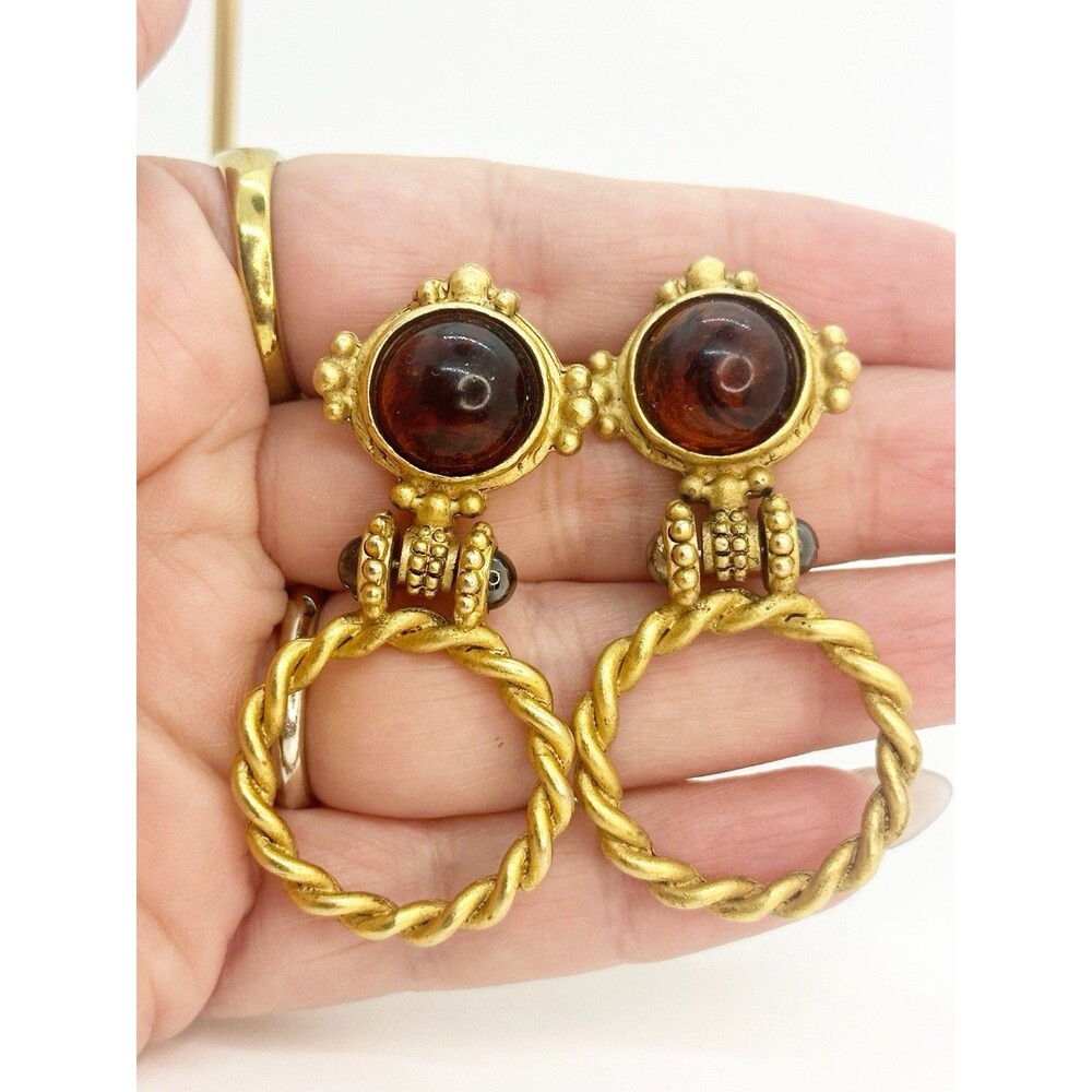 Vintage Etruscan Matte Gold Tone Earrings Lucite Cabochon Pierced